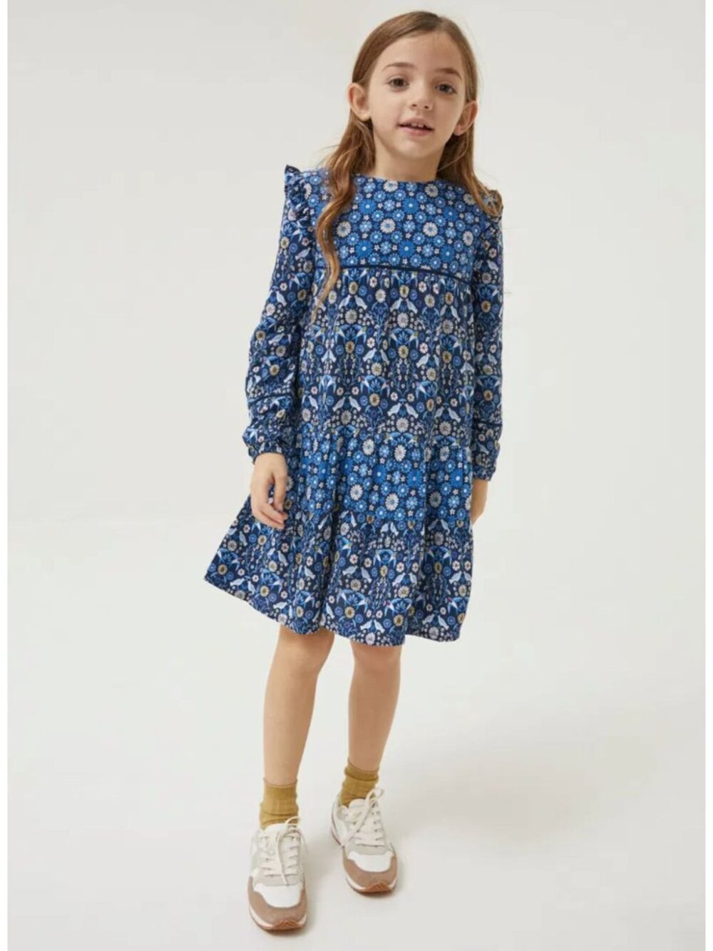 FATFACE Young Crew Grace Floral And Bird Print Dress Blue 12-13